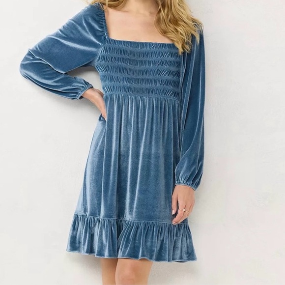 NWT LC Lauren Conrad Petites Velvet Flounce Dress in Rendezvous Blue - Picture 5 of 9
